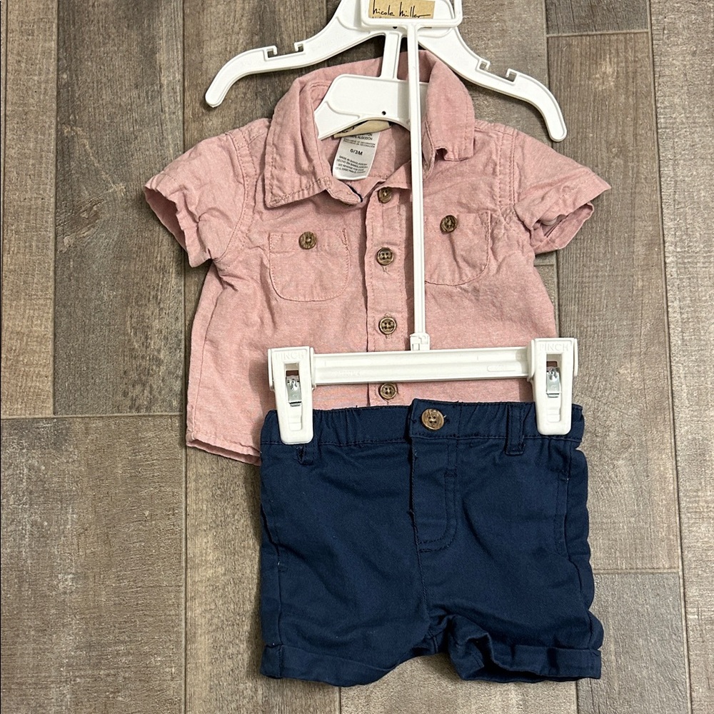 0-3M Pink Button-Up Shirt and Navy Shorts Set